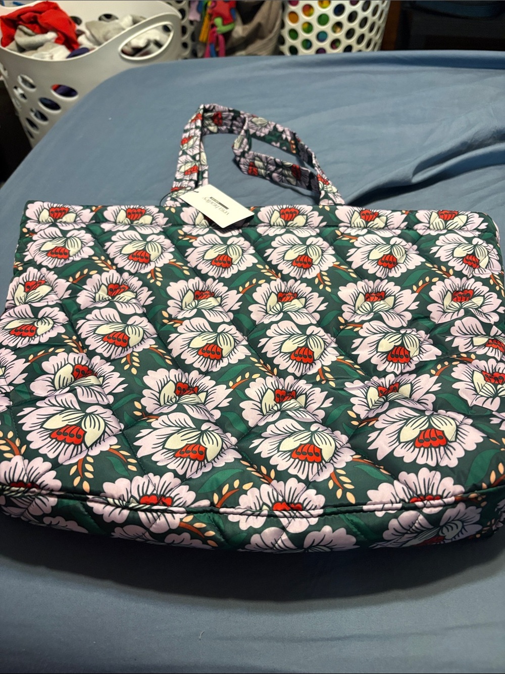 Vera Bradley East West Tote Floral Green & Pink 17 in wide by 14 in tall. NWT